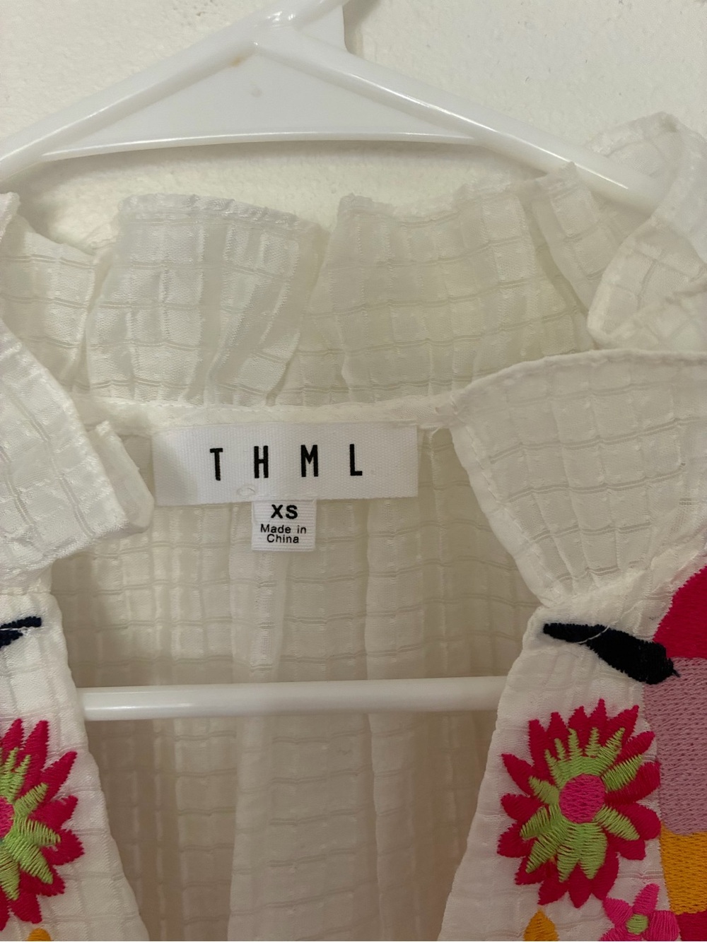 THML White V-Neck Blouse with Pink & Orange Floral Embroidery - Picture 4 of 7